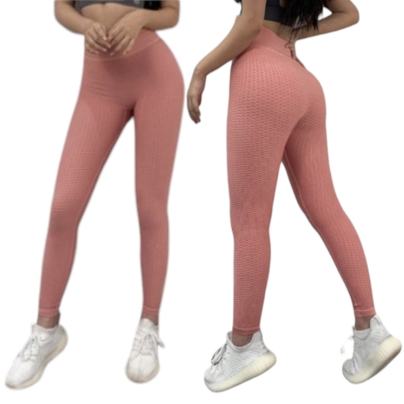 Cacia High Rise Scrunch Butt Honeycomb Bubble Jacquard Pink Slimming Leggings L - Picture 7 of 16